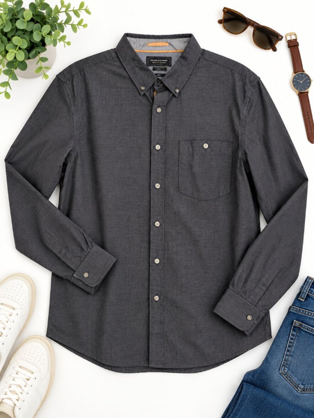 Denim & Flower Men's Large Charcoal Gray Button Down Shirt Long Sleeve